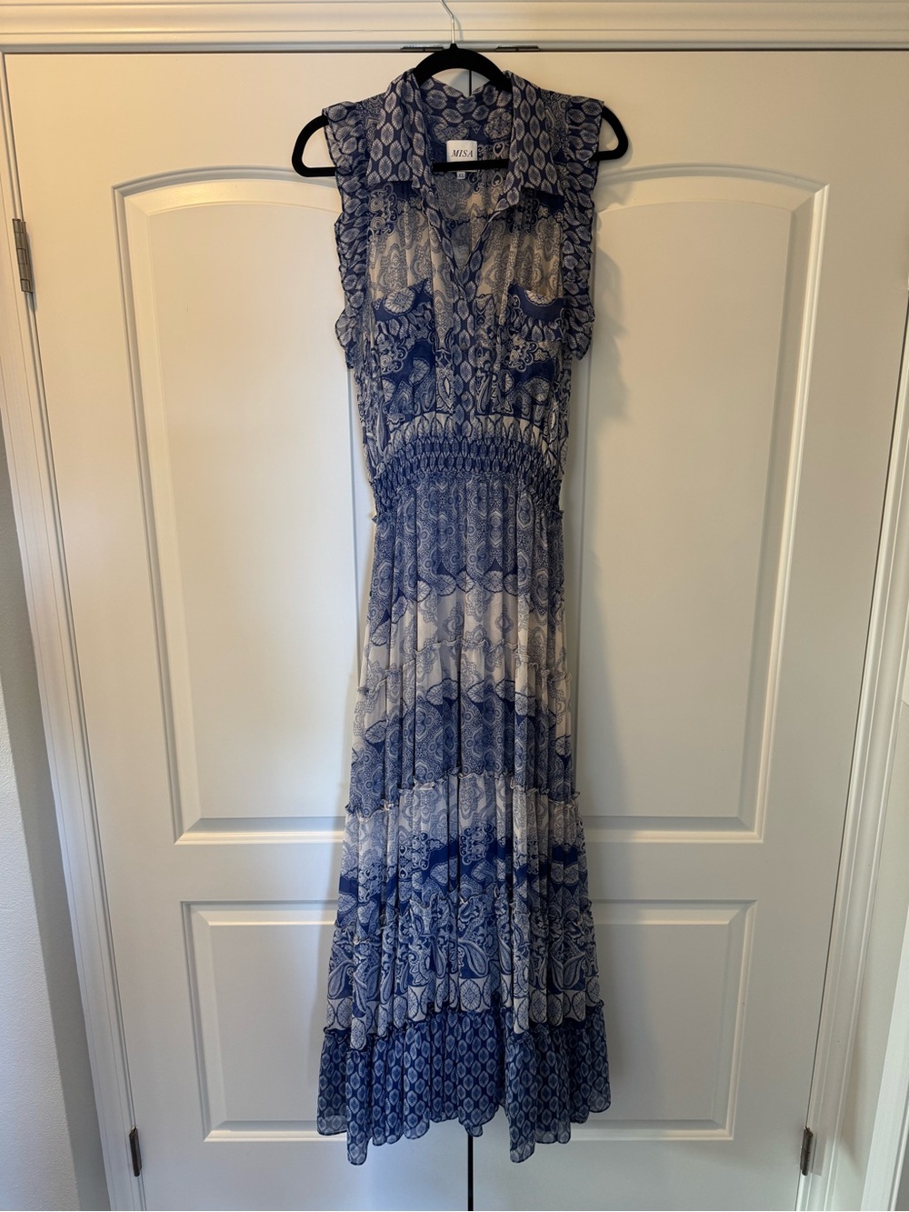 Misa Los Angeles Blue and White Printed Sleeveless Maxi Dress
